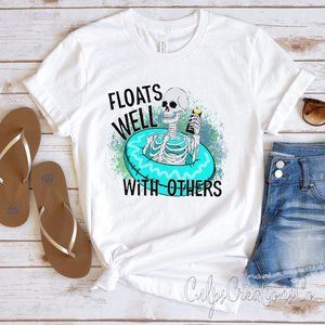 Floats well with others skeleton floaty funny womens short sleeve summer tee